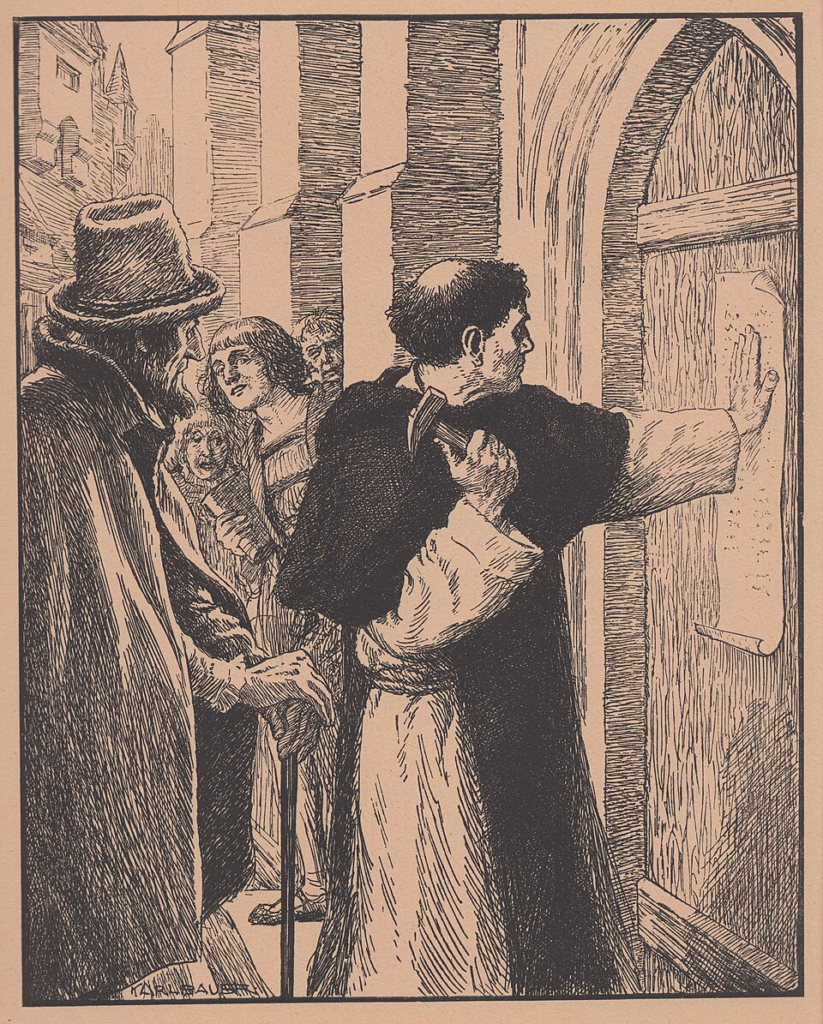 Martin Luther plastering his theses to and proclamation to the door of the church.