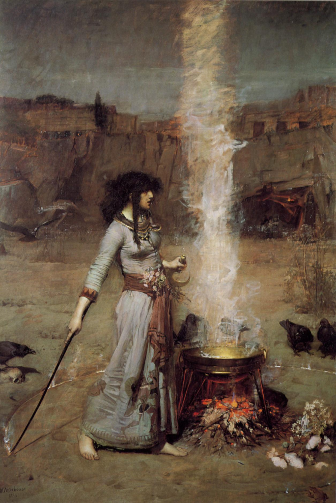 The Magic Circle, a painting featuring a witch at work with a cauldron accompanied by ravens, by John William Waterhouse