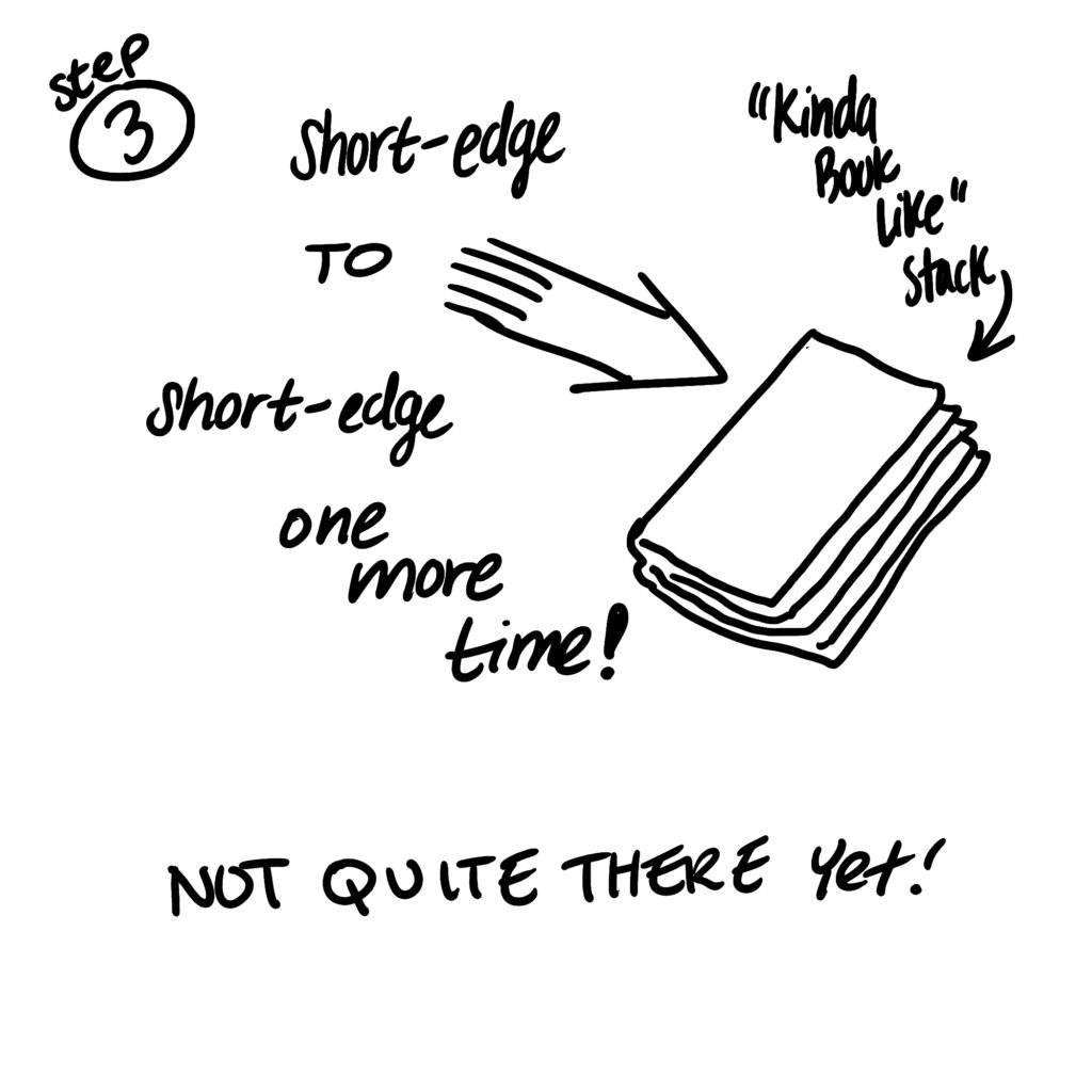 Step 3: fold short-edge to short-edge one more time! "Kinda book like stack" Not quite there yet!