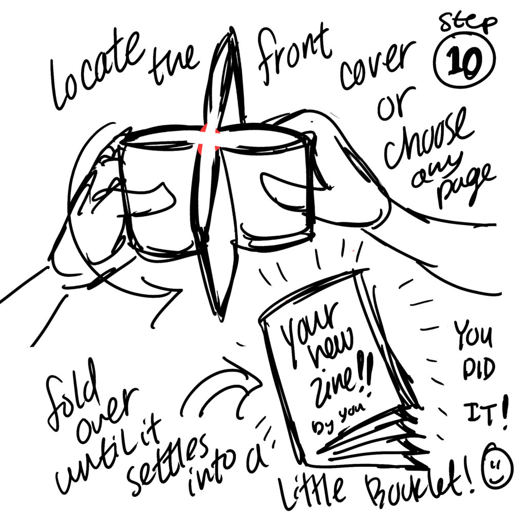 Locate the front cover or choose a page you want to be the front cover if one is naturally trying to fold to the front. Fold over until the little booklet settles into place. You did it! Your new zine: by you!