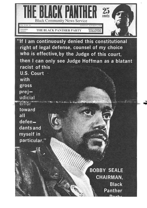 The Black Panther Party Newspaper, 25 cents a copy, Bobby Seale on the cover.