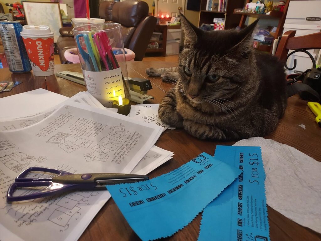 Barby, my Zine Distro Cat is watching me make zine packs